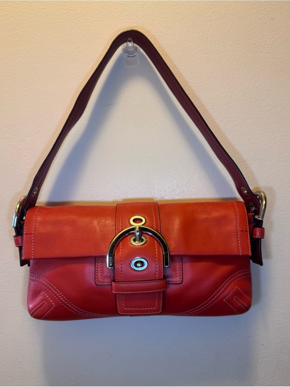 Coach Orange-Red Leather Shoulder Bag with Silver Hardware